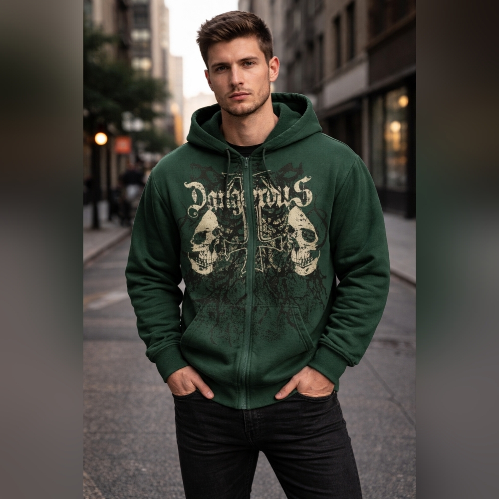 ROMWE Skull Graphic Hoodie Green Zip Up Goth Punk Size L